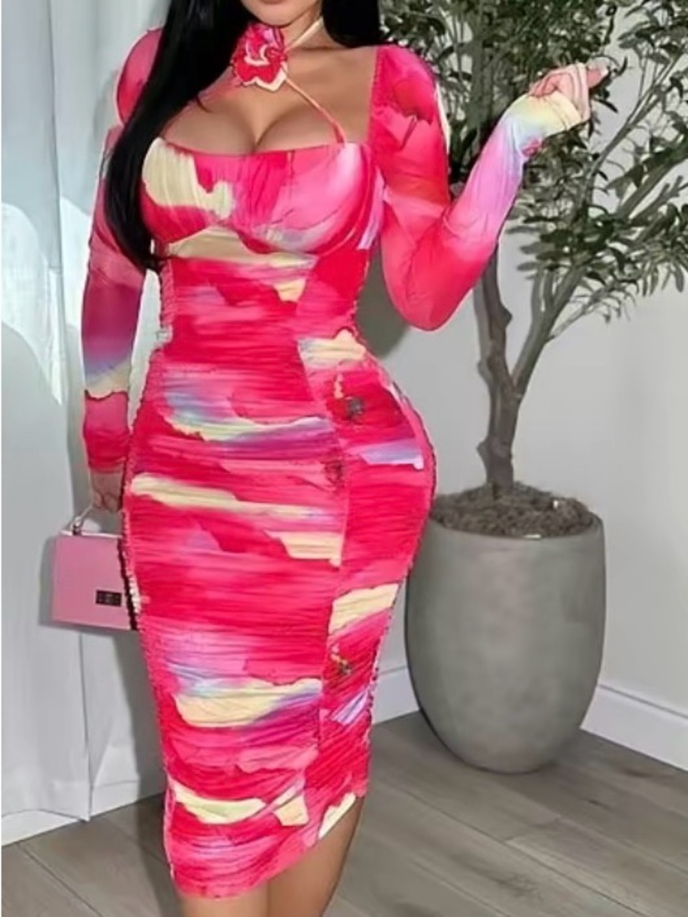 Fitted Pink Abstract Print Long Sleeve Midi Dress